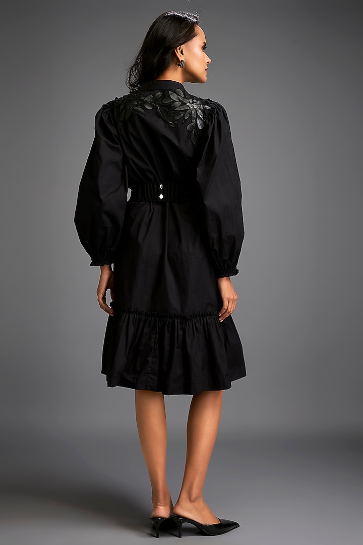 Black Cotton & Vegan Leather Floral Embroidered Summer Dress by Deepika Arora at Pernia's Pop Up Shop