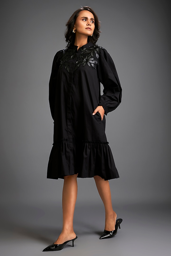 Black Cotton & Vegan Leather Floral Embroidered Summer Dress by Deepika Arora at Pernia's Pop Up Shop