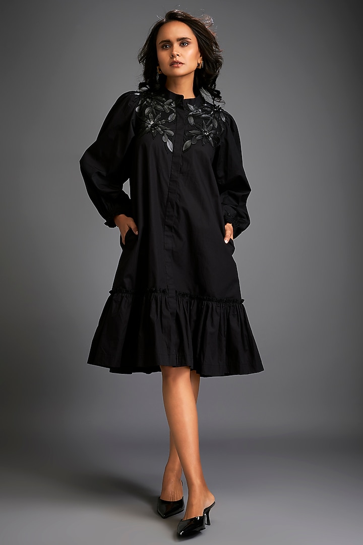 Black Cotton & Vegan Leather Floral Embroidered Summer Dress by Deepika Arora at Pernia's Pop Up Shop
