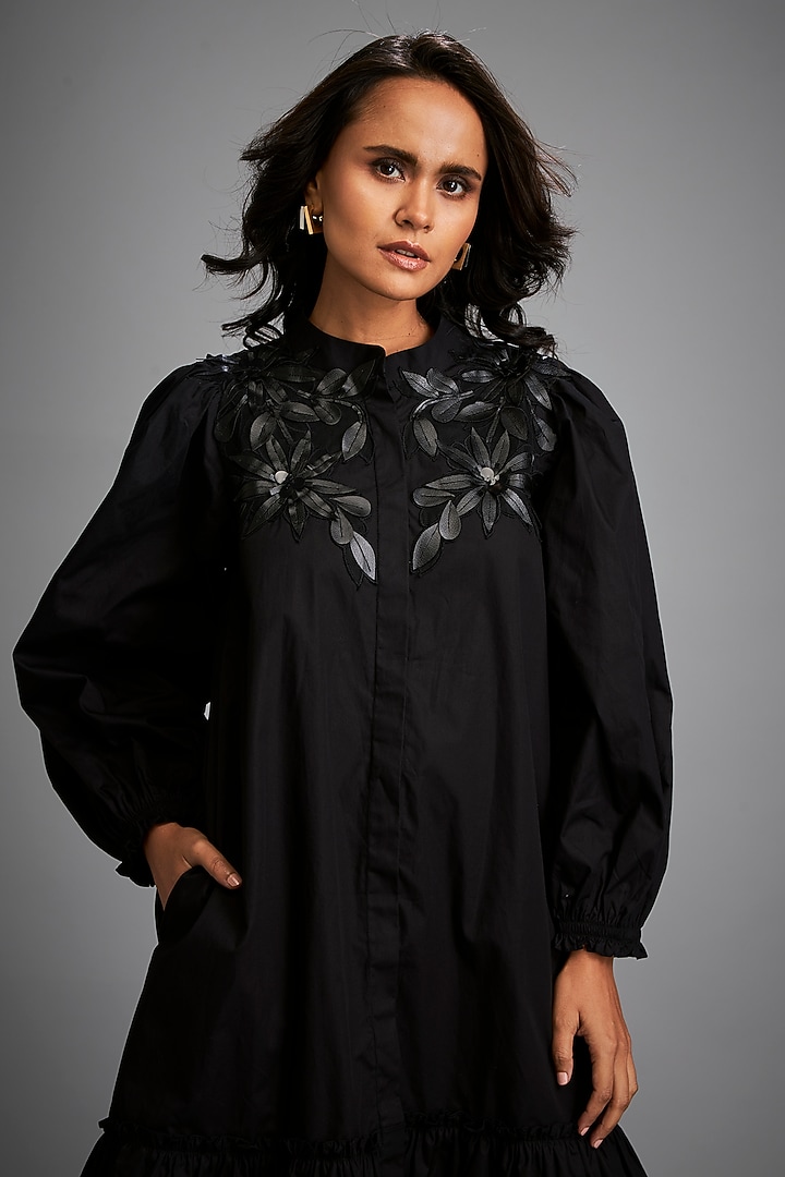 Black Cotton & Vegan Leather Floral Embroidered Summer Dress by Deepika Arora at Pernia's Pop Up Shop