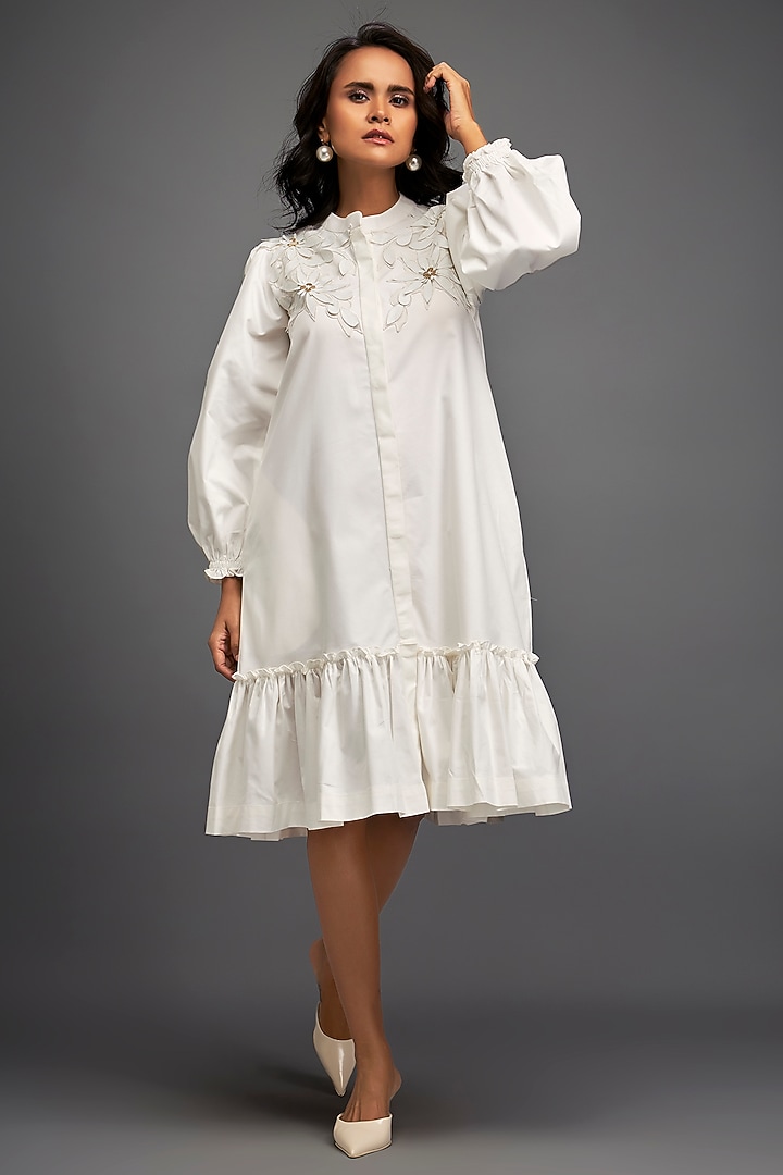 White Cotton & Vegan Leather Floral Embroidered Summer Dress by Deepika Arora at Pernia's Pop Up Shop