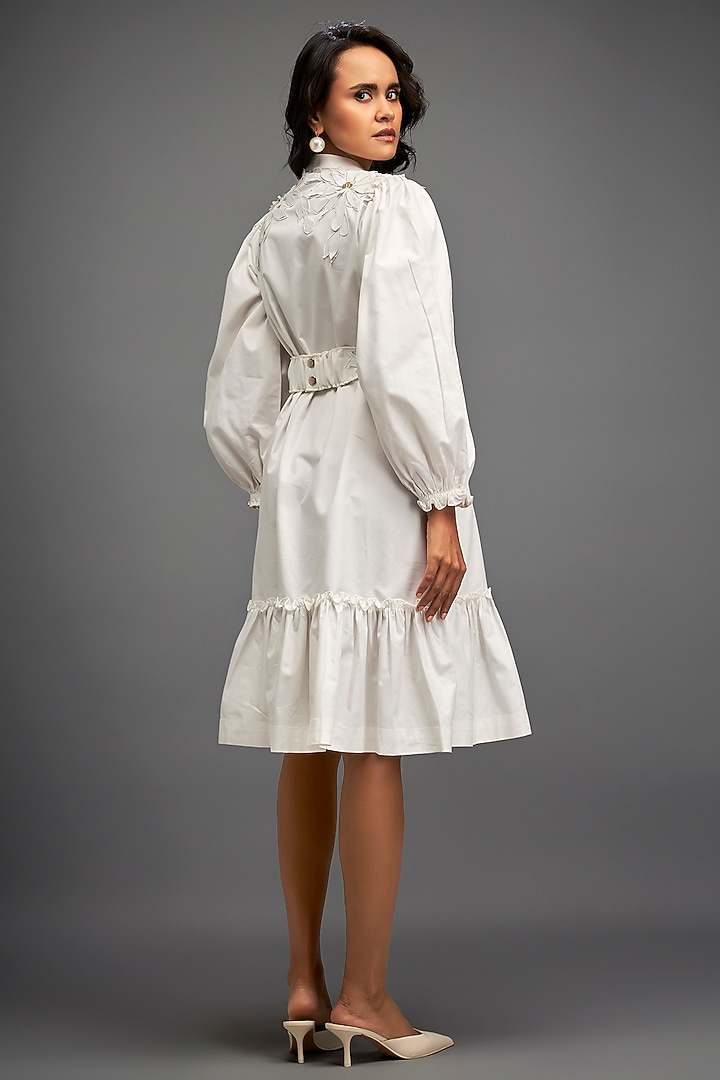 White Cotton & Vegan Leather Floral Embroidered Summer Dress by Deepika Arora at Pernia's Pop Up Shop