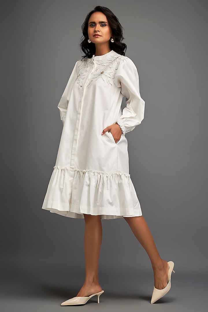 White Cotton & Vegan Leather Floral Embroidered Summer Dress by Deepika Arora at Pernia's Pop Up Shop