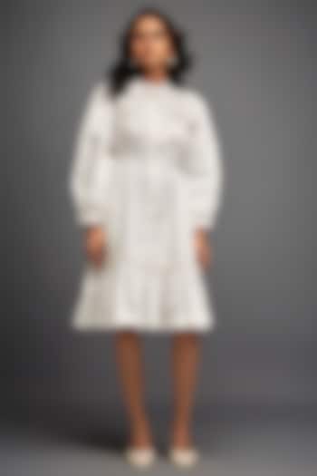 White Cotton & Vegan Leather Floral Embroidered Summer Dress by Deepika Arora at Pernia's Pop Up Shop