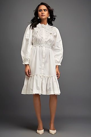 White Cotton & Vegan Leather Floral Embroidered Dress by Deepika Arora