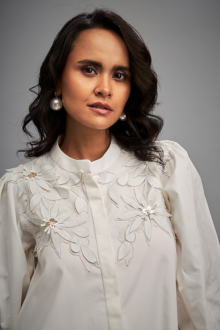 White Cotton & Vegan Leather Floral Embroidered Summer Dress by Deepika Arora at Pernia's Pop Up Shop