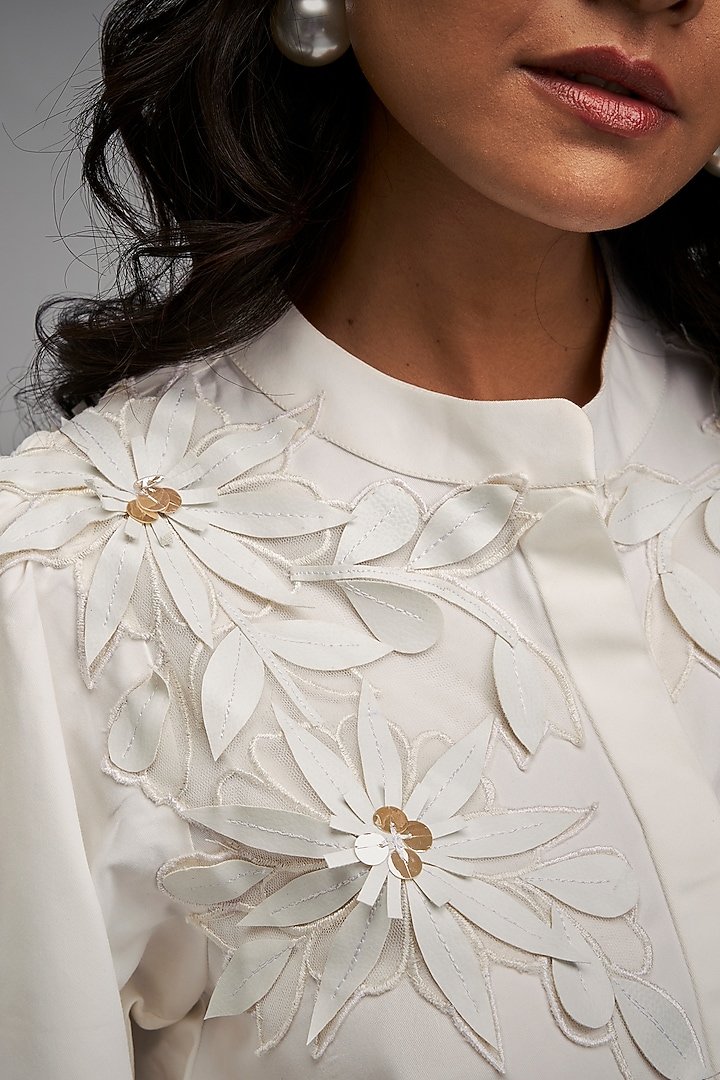 White Cotton & Vegan Leather Floral Embroidered Summer Dress by Deepika Arora at Pernia's Pop Up Shop