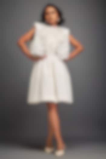 White Ponte Roma & Net Floral Embroidered Jacket Vacation Dress by Deepika Arora at Pernia's Pop Up Shop