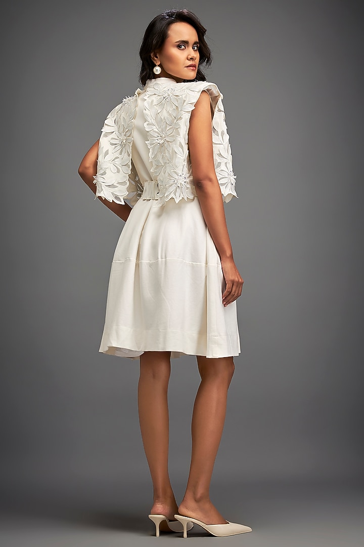 White Ponte Roma & Net Floral Embroidered Jacket Vacation Dress by Deepika Arora at Pernia's Pop Up Shop