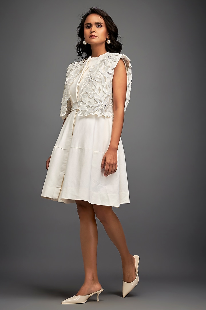 White Ponte Roma & Net Floral Embroidered Jacket Vacation Dress by Deepika Arora at Pernia's Pop Up Shop