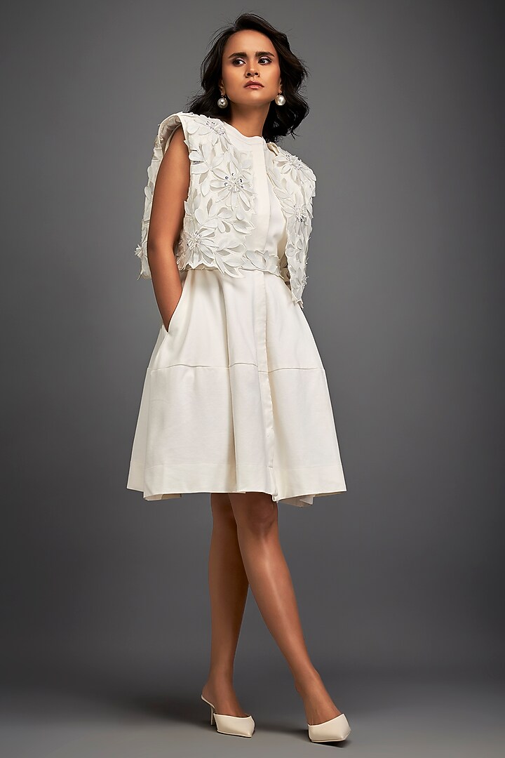 White Ponte Roma & Net Floral Embroidered Jacket Vacation Dress by Deepika Arora at Pernia's Pop Up Shop
