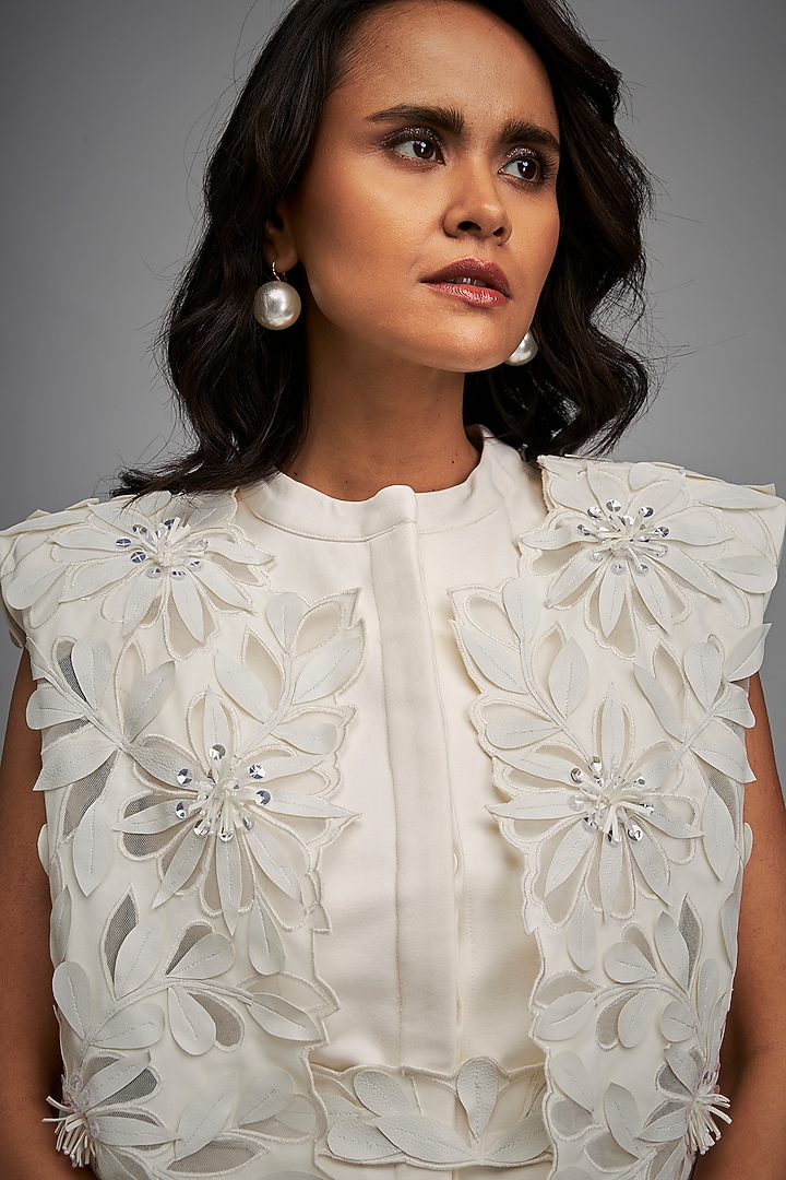 White Ponte Roma & Net Floral Embroidered Jacket Vacation Dress by Deepika Arora at Pernia's Pop Up Shop