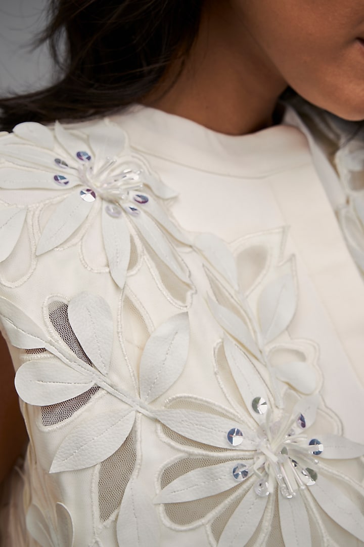 White Ponte Roma & Net Floral Embroidered Jacket Vacation Dress by Deepika Arora at Pernia's Pop Up Shop