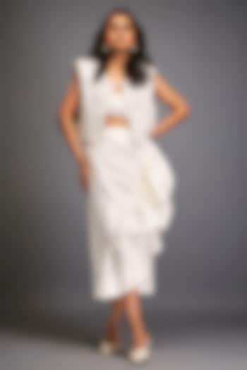 White Taffeta & Vegan Leather Floral Applique Jacket Set by Deepika Arora at Pernia's Pop Up Shop