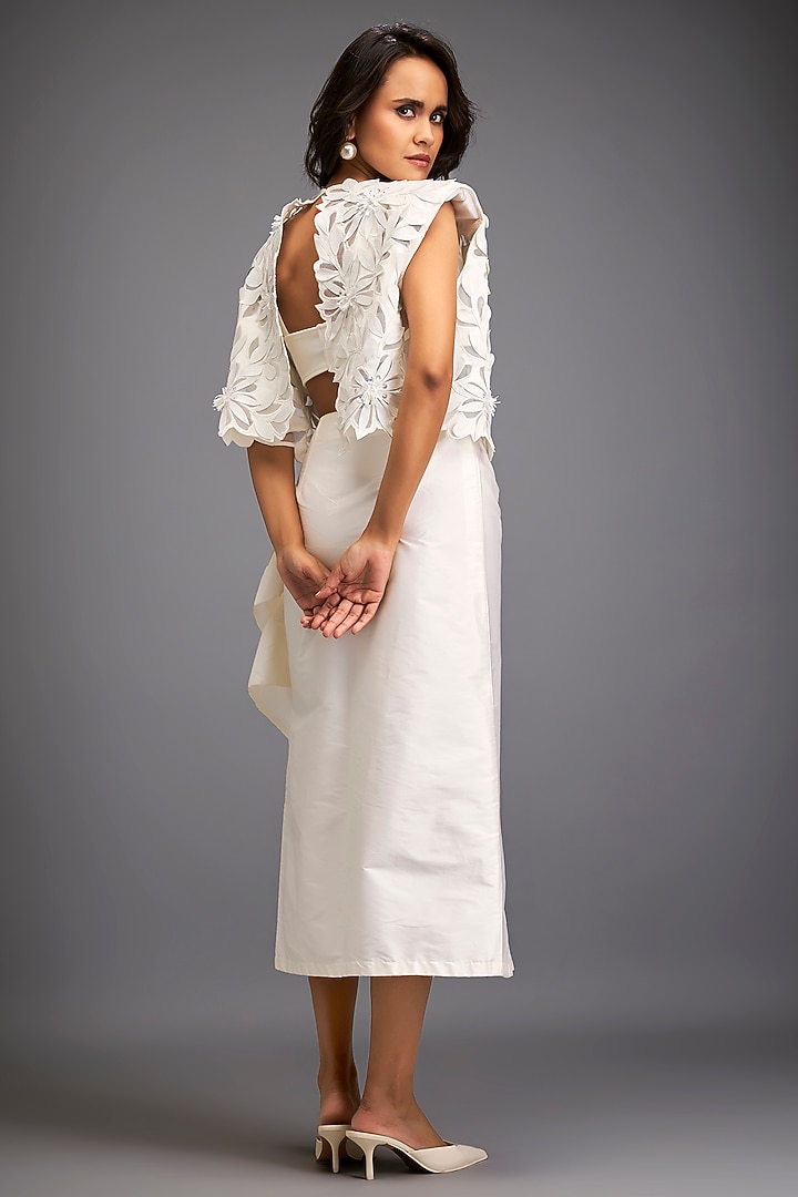 White Taffeta & Vegan Leather Floral Applique Jacket Set by Deepika Arora at Pernia's Pop Up Shop