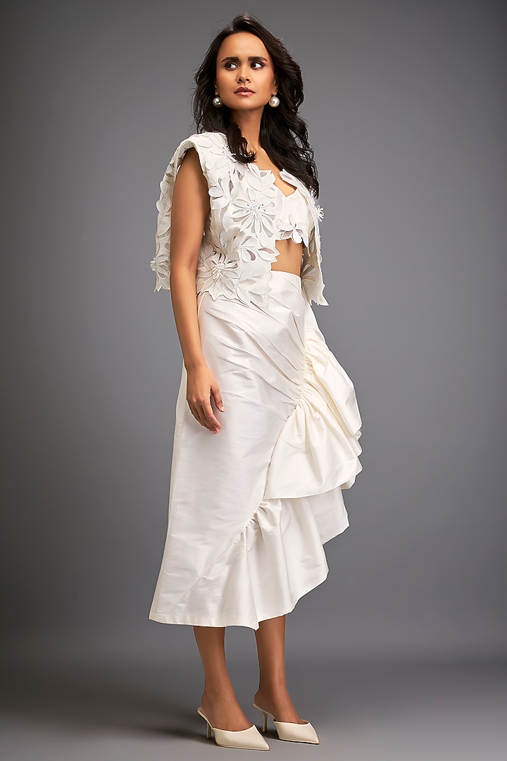 White Taffeta & Vegan Leather Floral Applique Jacket Set by Deepika Arora at Pernia's Pop Up Shop