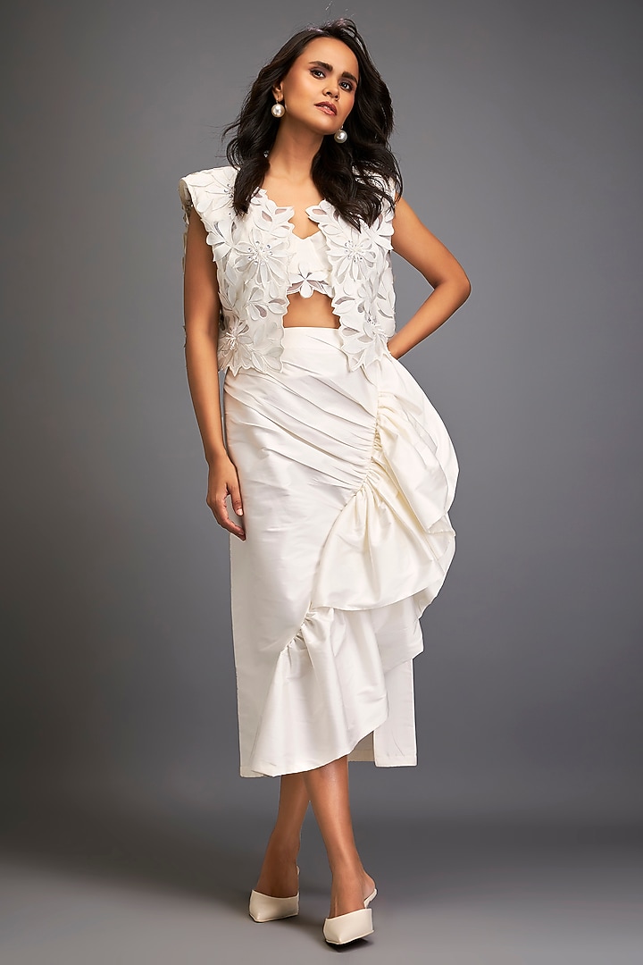 White Taffeta & Vegan Leather Floral Applique Jacket Set by Deepika Arora at Pernia's Pop Up Shop