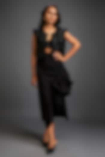 Black Taffeta & Vegan Leather Floral Applique Jacket Set by Deepika Arora at Pernia's Pop Up Shop