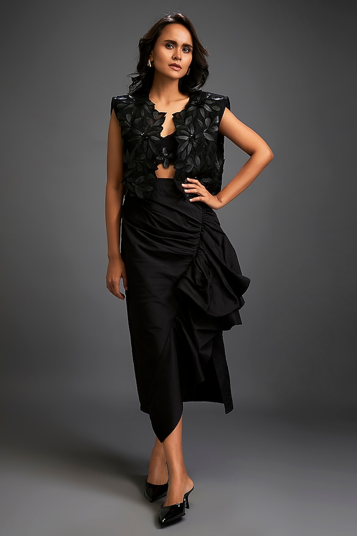 Black Taffeta & Vegan Leather Floral Applique Jacket Set by Deepika Arora at Pernia's Pop Up Shop