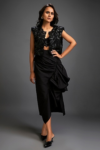 Black Taffeta & Vegan Leather Floral Applique Jacket Set by Deepika Arora