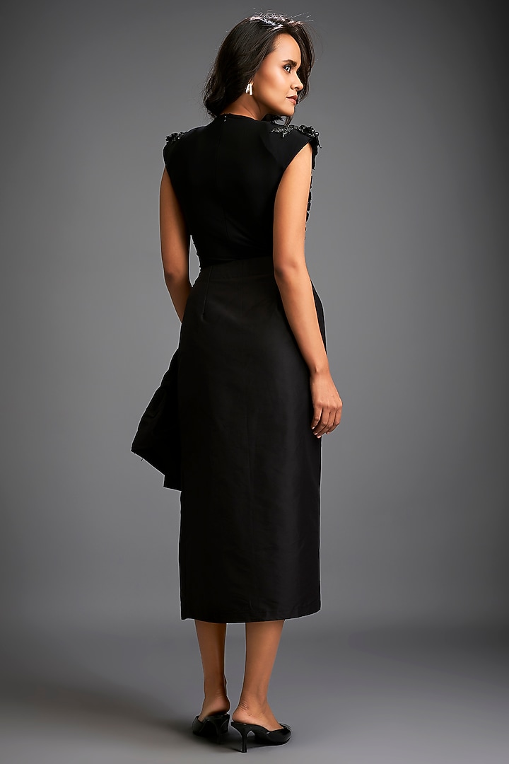 Black Taffeta & Vegan Leather Floral Applique Jacket Set by Deepika Arora at Pernia's Pop Up Shop