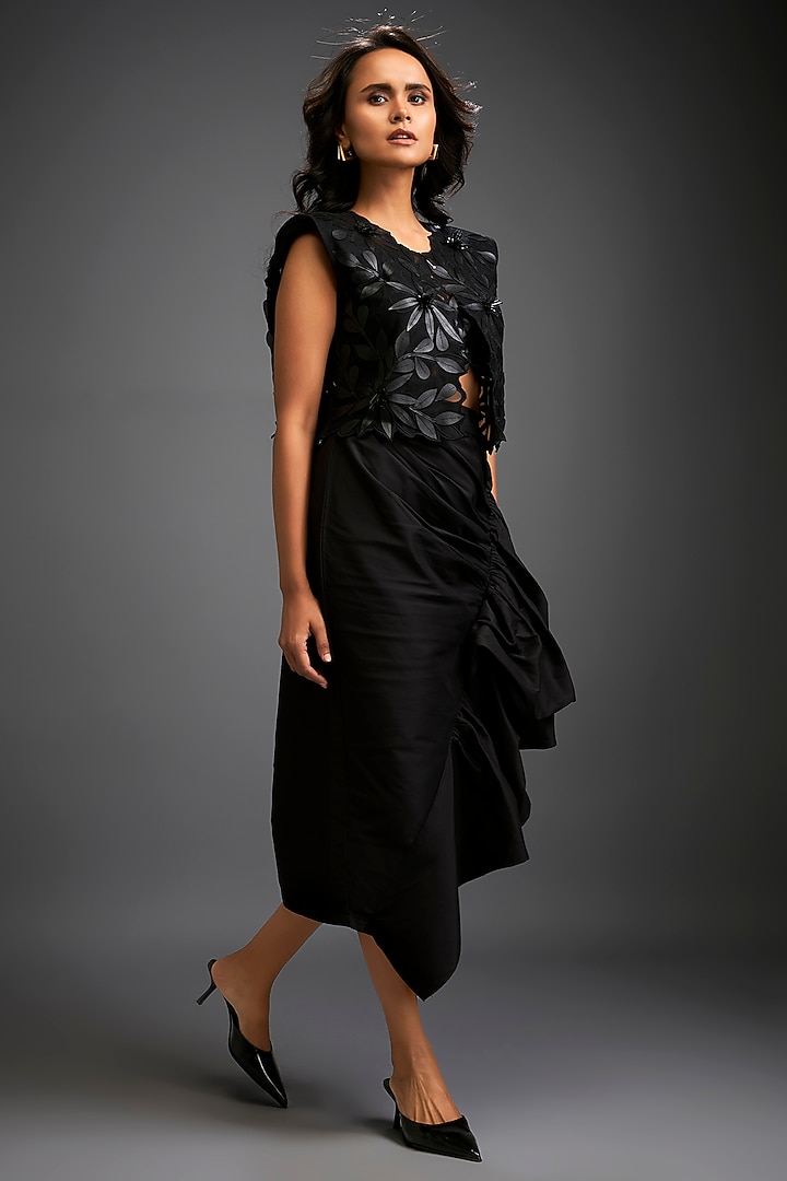 Black Taffeta & Vegan Leather Floral Applique Jacket Set by Deepika Arora at Pernia's Pop Up Shop