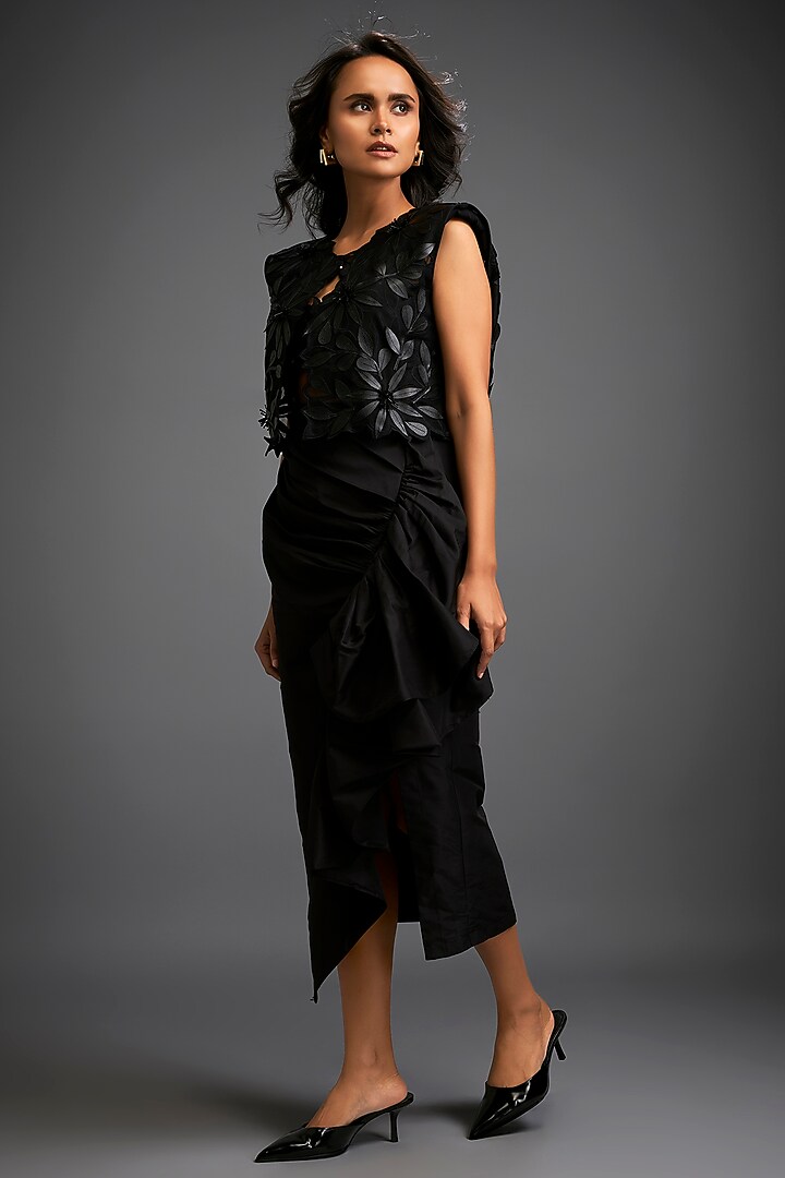 Black Taffeta & Vegan Leather Floral Applique Jacket Set by Deepika Arora at Pernia's Pop Up Shop