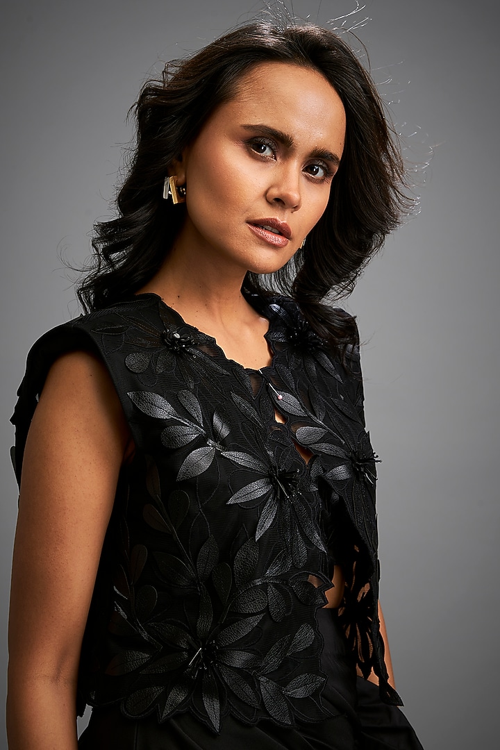 Black Taffeta & Vegan Leather Floral Applique Jacket Set by Deepika Arora at Pernia's Pop Up Shop
