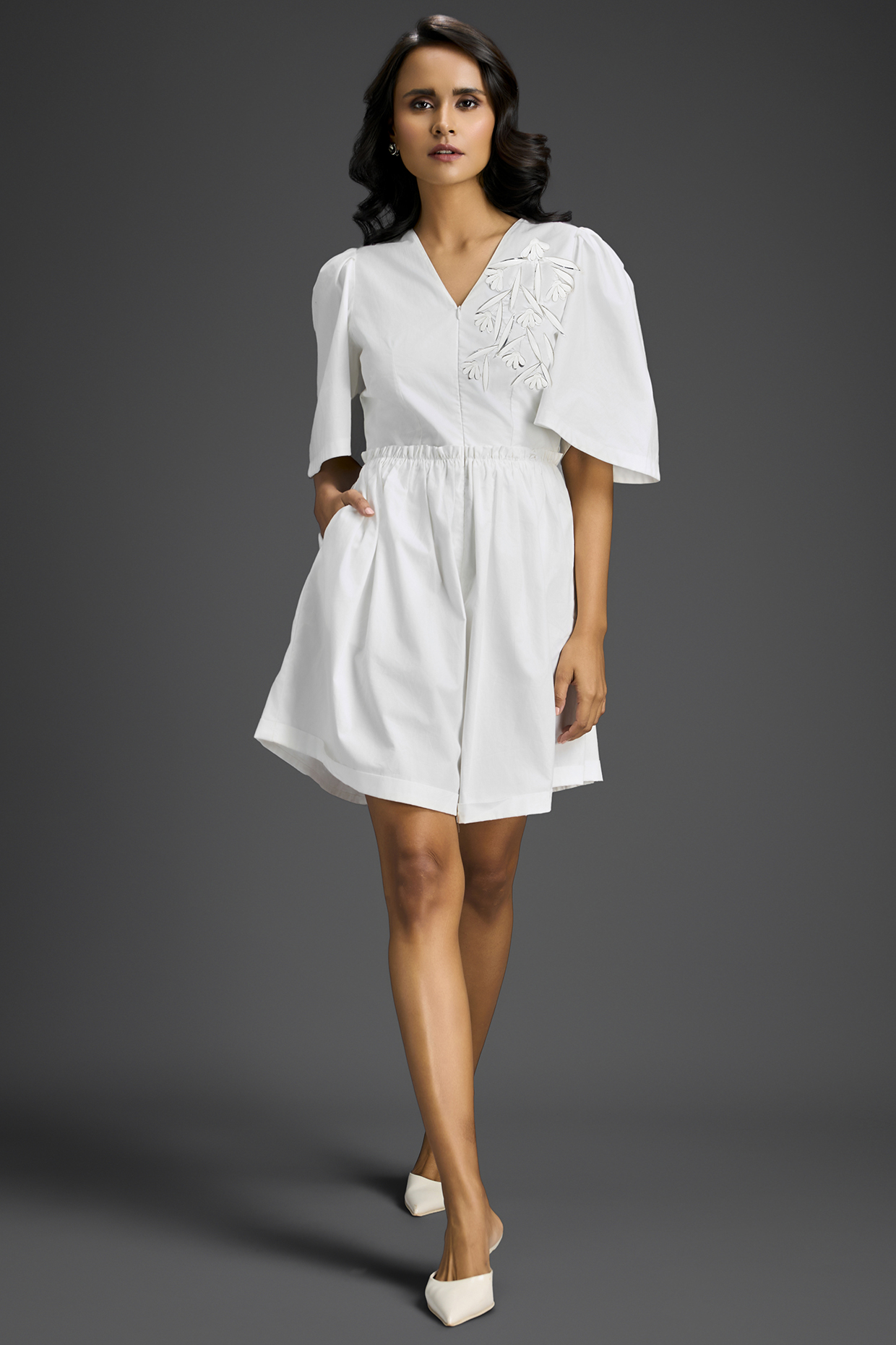 White Cotton Embellished Playsuit by Deepika Arora at Pernia's Pop Up Shop