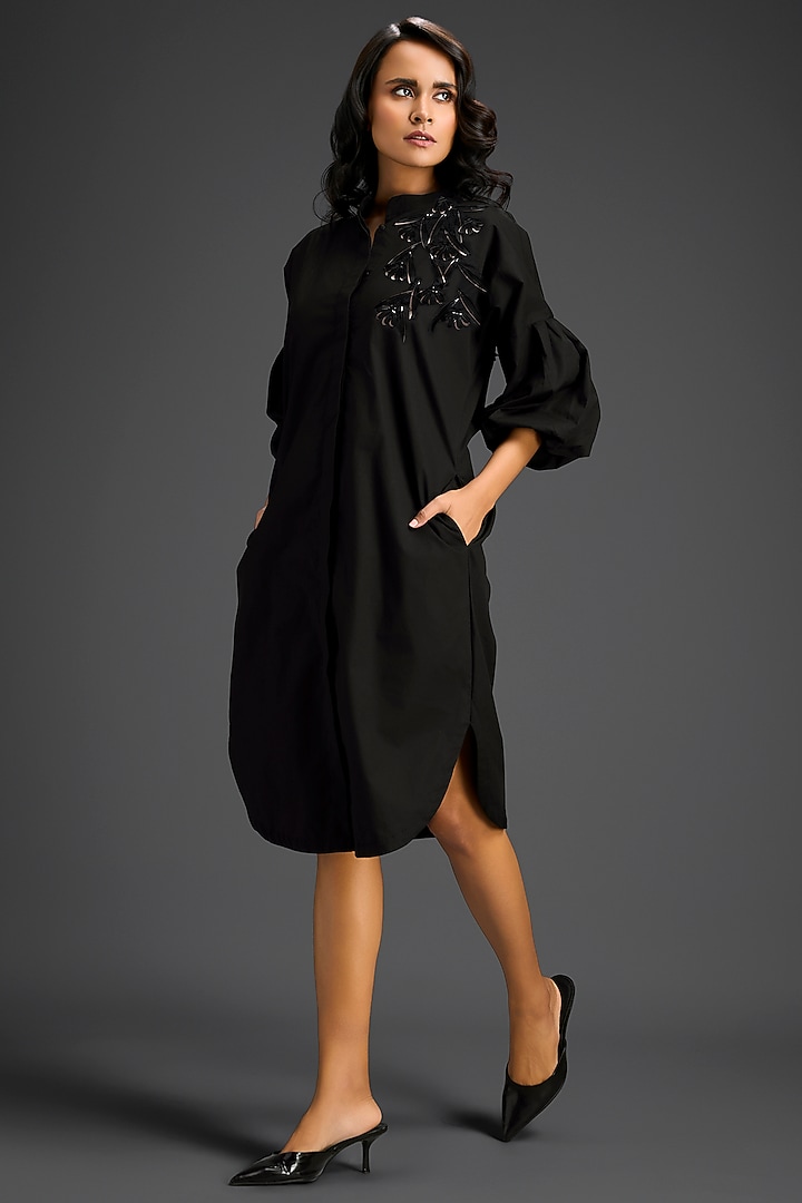 Black Cotton 3D Floral Embellished Shirt Summer Dress by Deepika Arora at Pernia's Pop Up Shop