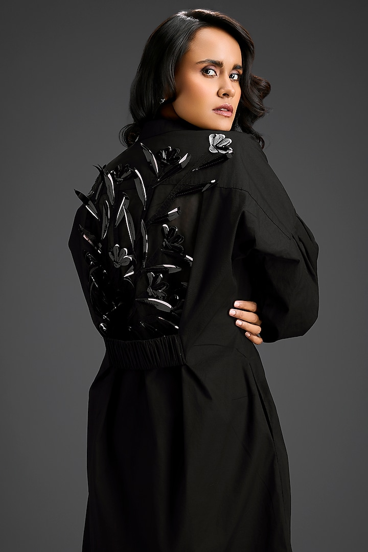 Black Cotton 3D Floral Embellished Shirt Summer Dress by Deepika Arora at Pernia's Pop Up Shop