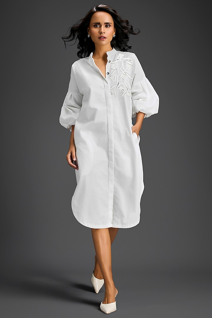White Cotton 3D Floral Embellished Shirt Summer Dress by Deepika Arora at Pernia's Pop Up Shop