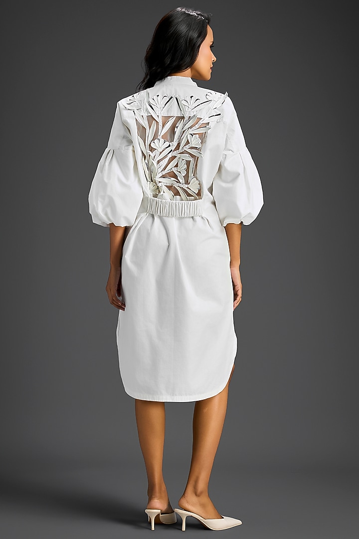 White Cotton 3D Floral Embellished Shirt Summer Dress by Deepika Arora at Pernia's Pop Up Shop