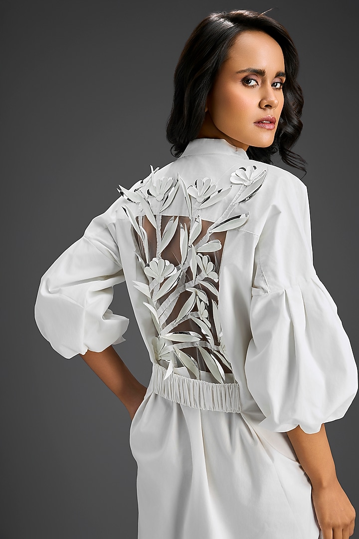 White Cotton 3D Floral Embellished Shirt Summer Dress by Deepika Arora at Pernia's Pop Up Shop
