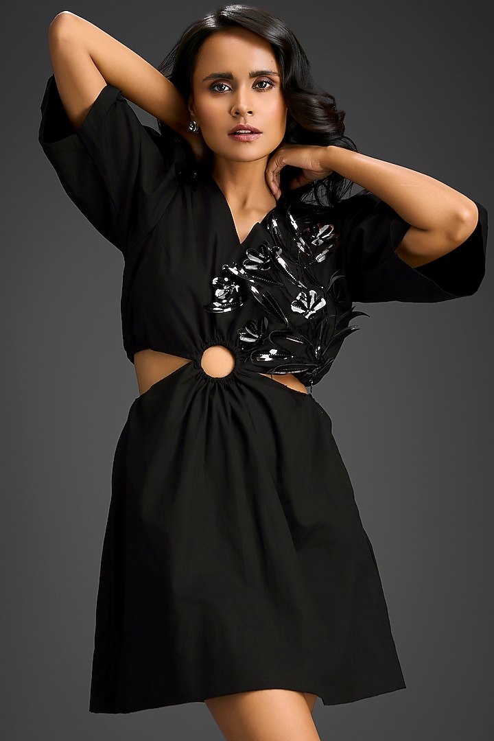 Black Cotton 3D Embellished Summer Dress by Deepika Arora at Pernia's Pop Up Shop