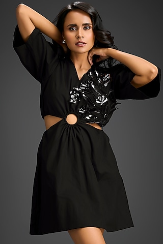 Black Cotton 3D Embellished Dress by Deepika Arora