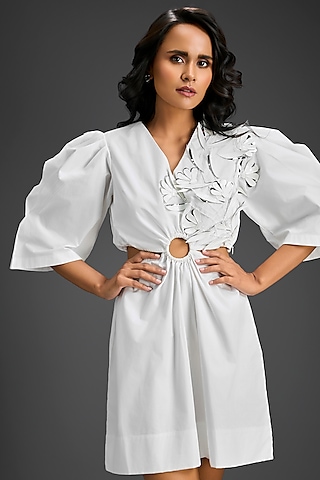 White Cotton 3D Embellished Dress by Deepika Arora