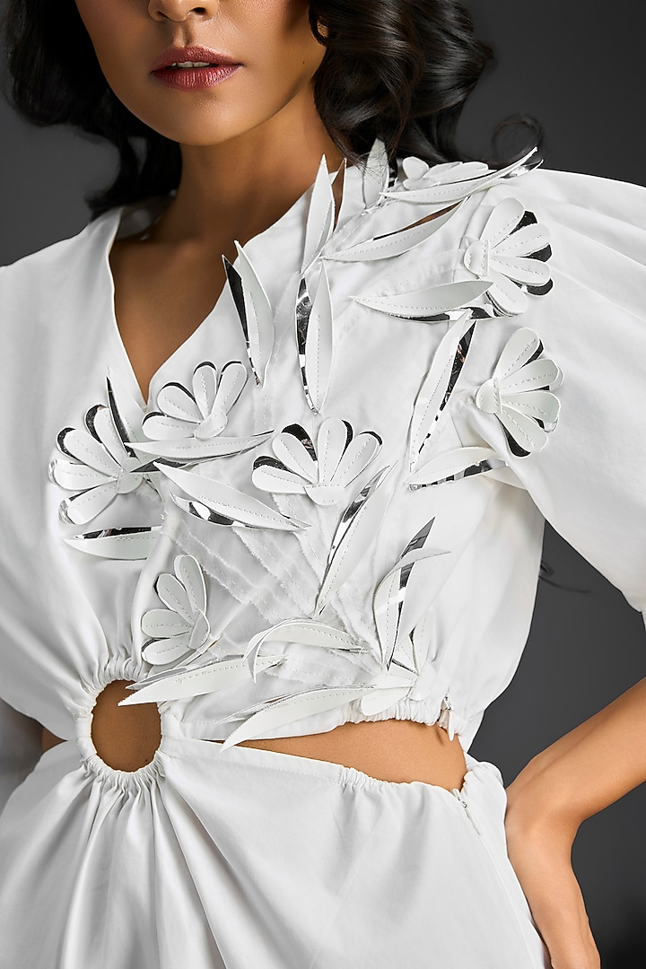 White Cotton 3D Embellished Summer Dress by Deepika Arora at Pernia's Pop Up Shop