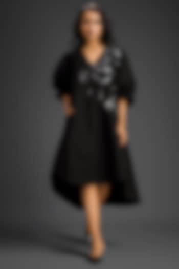 Black Cotton Embellished High-Low Summer Dress by Deepika Arora at Pernia's Pop Up Shop