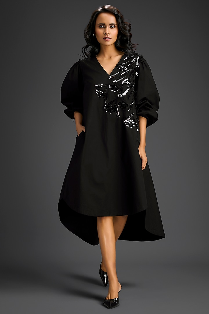 Black Cotton Embellished High-Low Summer Dress by Deepika Arora at Pernia's Pop Up Shop