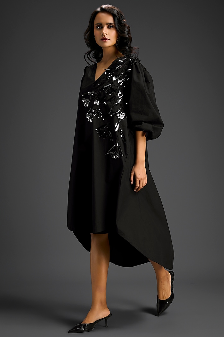 Black Cotton Embellished High-Low Summer Dress by Deepika Arora at Pernia's Pop Up Shop