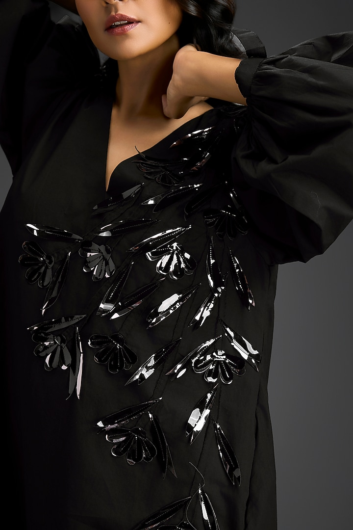 Black Cotton Embellished High-Low Summer Dress by Deepika Arora at Pernia's Pop Up Shop