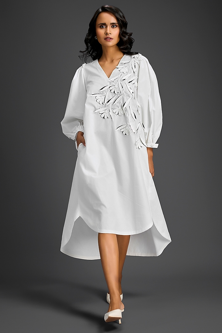 White Cotton Embellished High-Low Summer Dress by Deepika Arora at Pernia's Pop Up Shop