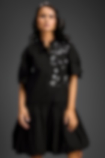 Black Cotton 3D Floral Embellished Summer Dress by Deepika Arora at Pernia's Pop Up Shop