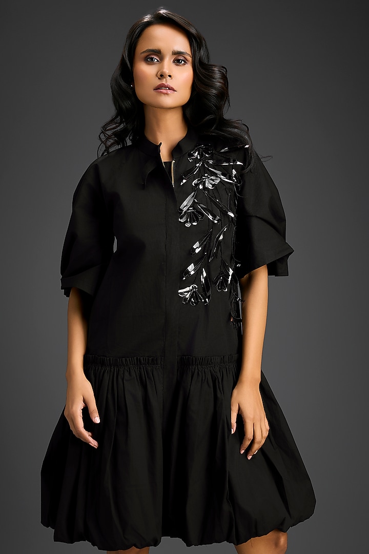 Black Cotton 3D Floral Embellished Summer Dress by Deepika Arora at Pernia's Pop Up Shop