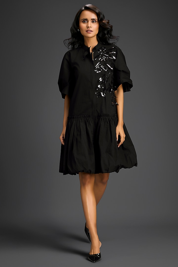 Black Cotton 3D Floral Embellished Summer Dress by Deepika Arora at Pernia's Pop Up Shop