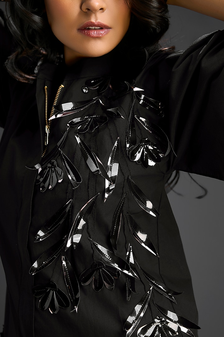 Black Cotton 3D Floral Embellished Summer Dress by Deepika Arora at Pernia's Pop Up Shop
