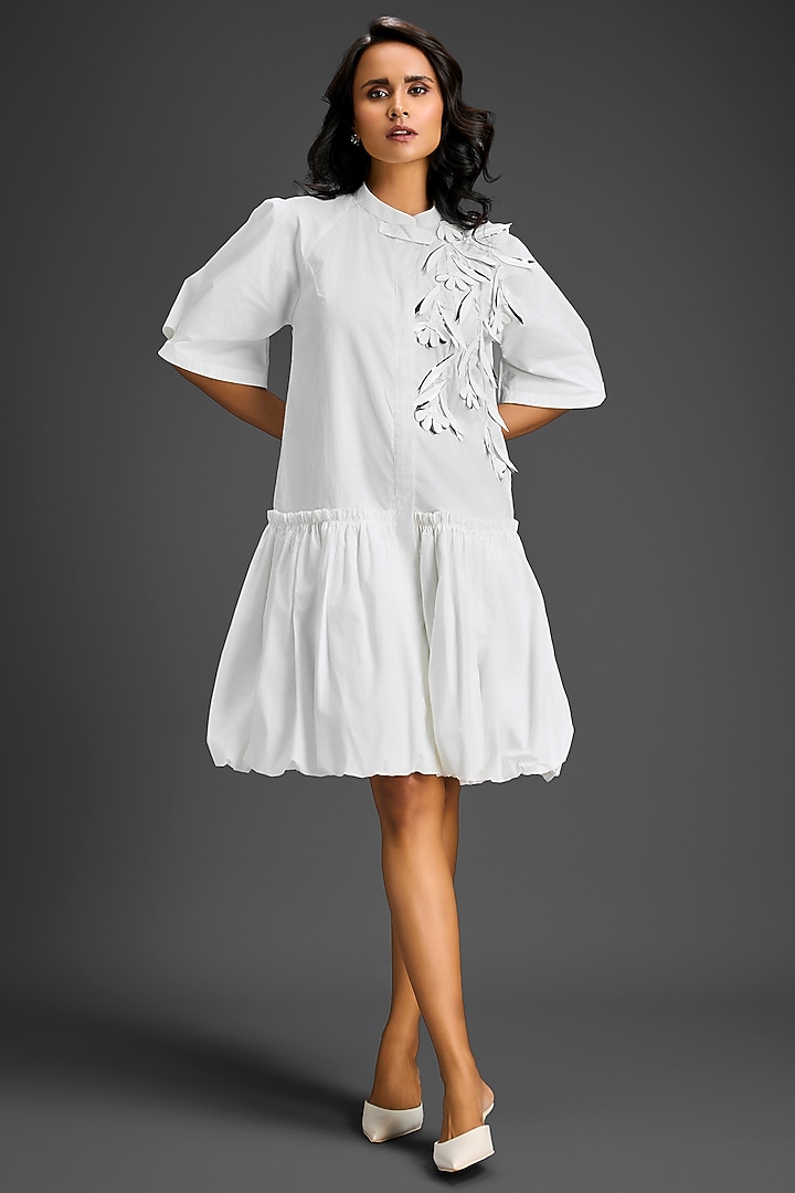 White Cotton 3D Floral Embellished Summer Dress by Deepika Arora at Pernia's Pop Up Shop