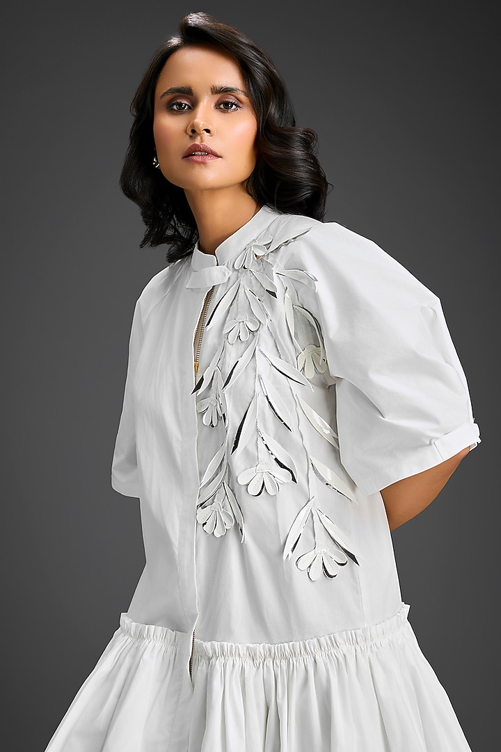 White Cotton 3D Floral Embellished Summer Dress by Deepika Arora at Pernia's Pop Up Shop