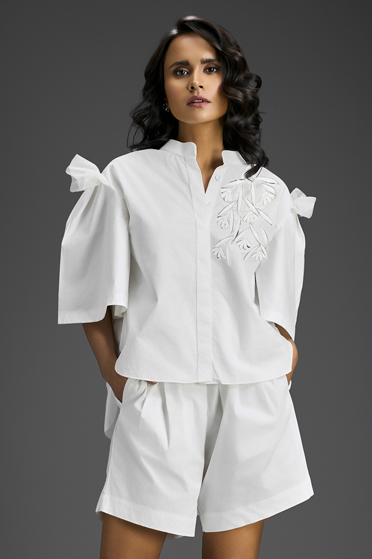 White Cotton 3D Embellished Co-Ord Set by Deepika Arora at Pernia's Pop Up Shop
